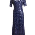 Evening dress, lace with croco patches and crystals by Svarowski, navy