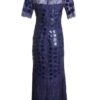 Evening dress, lace with croco patches and crystals by Svarowski, navy
