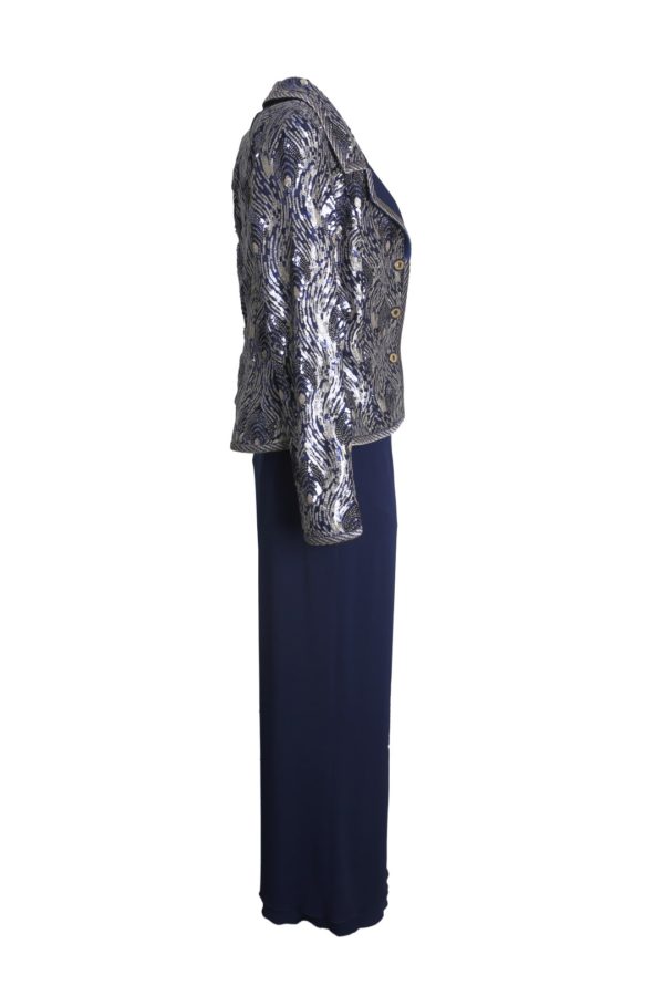 Peacock sequined jacket with embroidered border, navy-gold