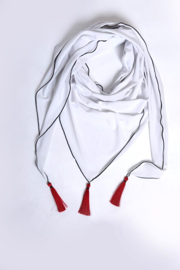 Scarf with 3 Madeiraquasts, Jersey white-red