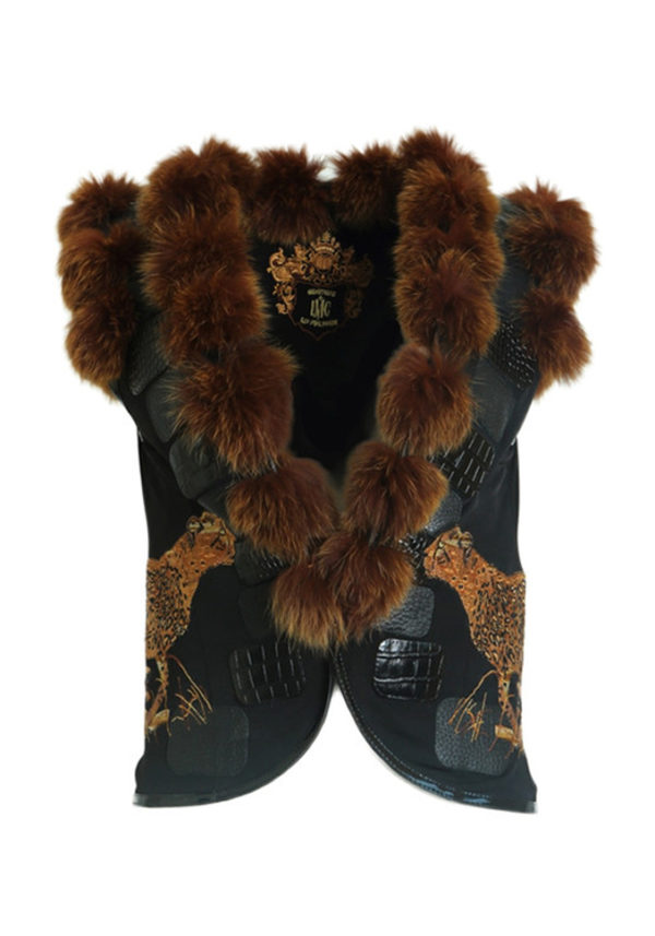Vest with fox trimming and cheetah motif