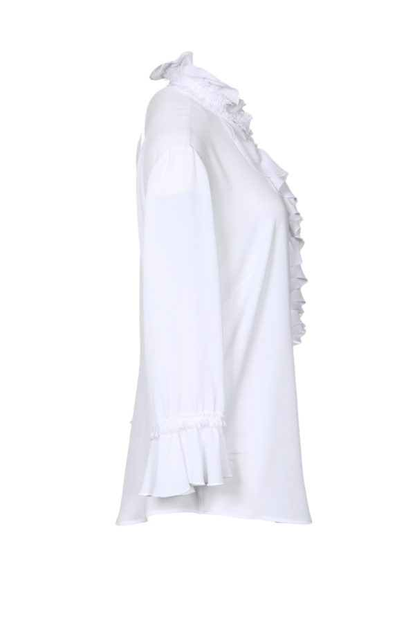 Ruched blouse with jabot and lace