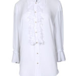 Ruched blouse with jabot and lace