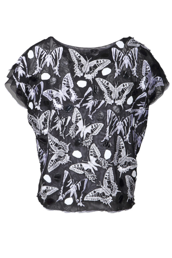 Blouse, white, hand-applied butterflies