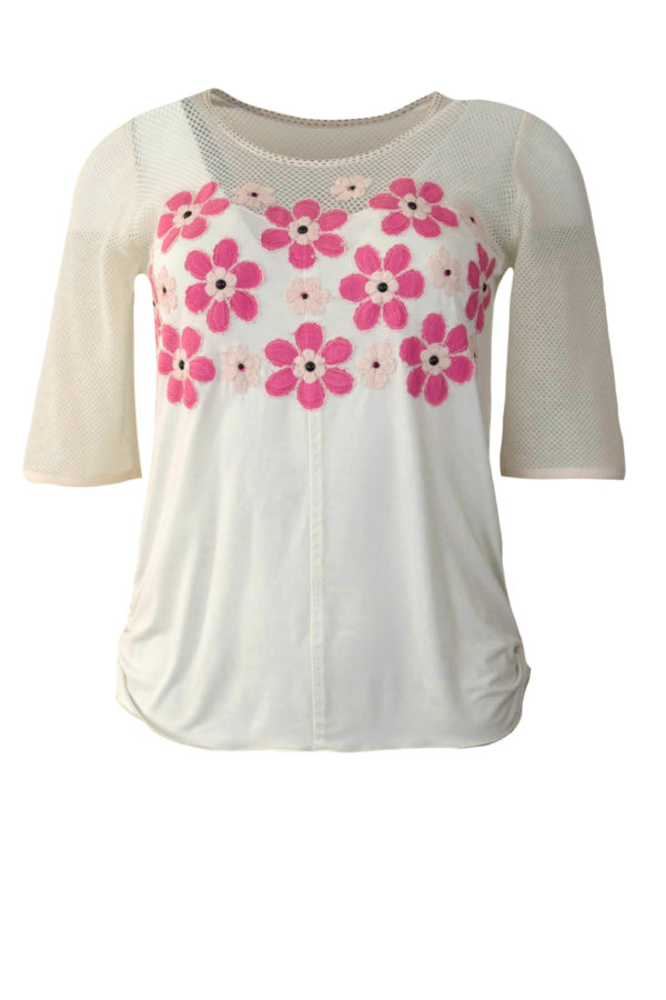 Shirt mit Netzoptik und applizierten Blumen, Swarovski Perlen, Kurzarm