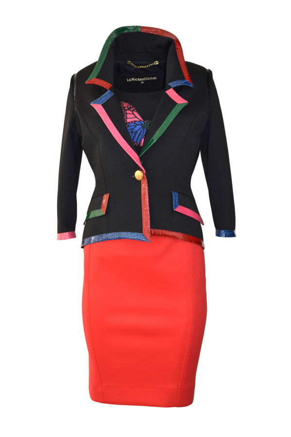 Jacke, schwarz, asymmetrisch mit Einfassung in Multicolor-Krokoleder, Pattentaschen