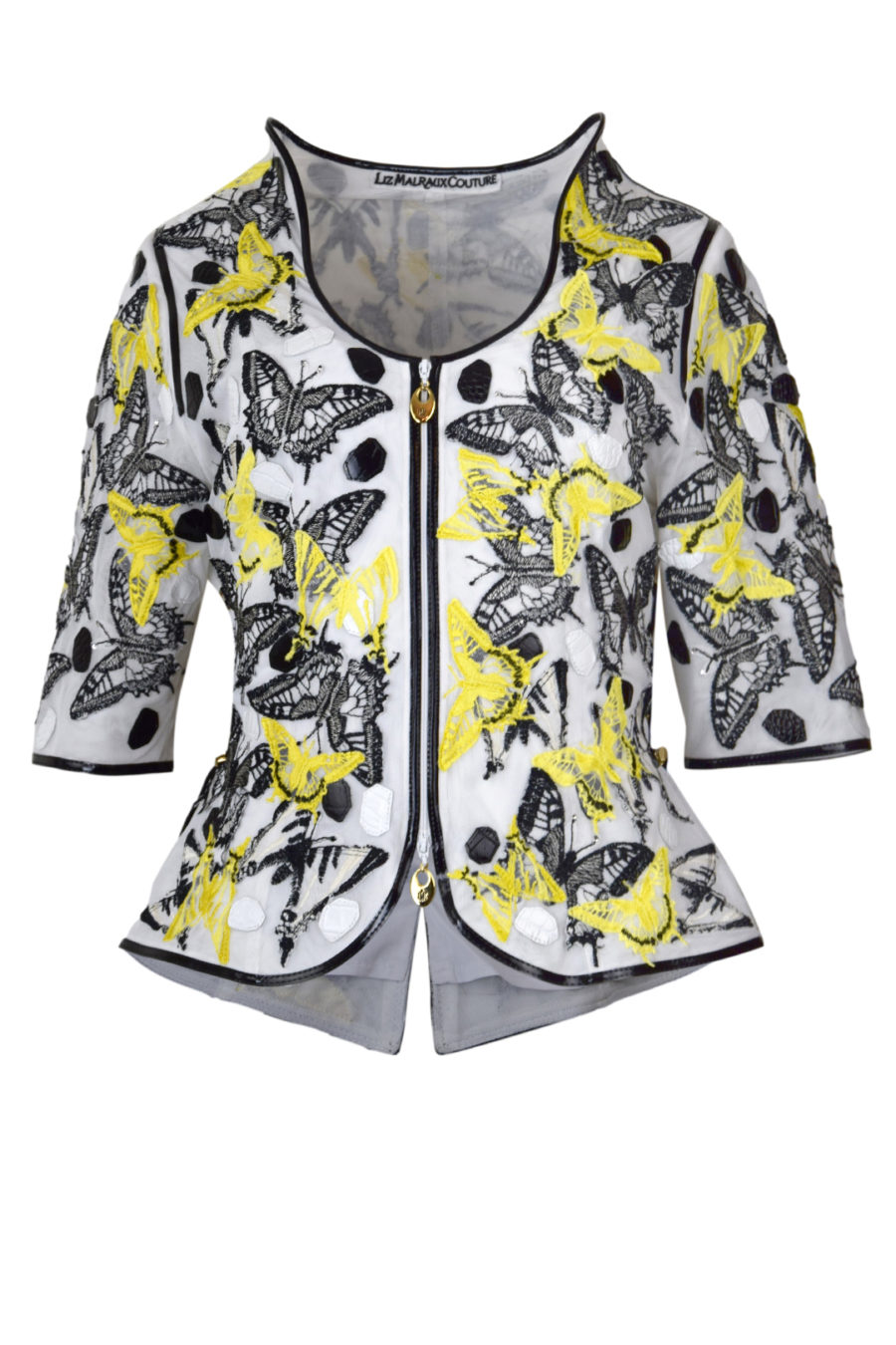 Couture-Jacke mit gestickten und applizierten Schmetterlingen, dreierlei Leder, Multisize