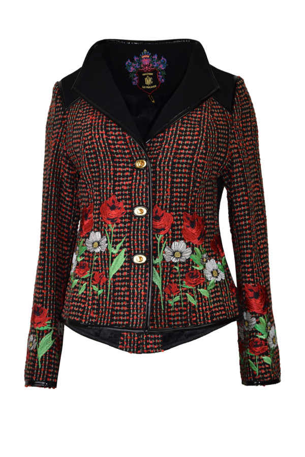 Jacke reine Seide handgewebt mit "summer meadow"-embroidery auf Stoff und Leder