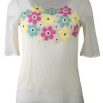 Shirt mit Netzoptik und applizierten Blumen in Multikolor, Kurzarm