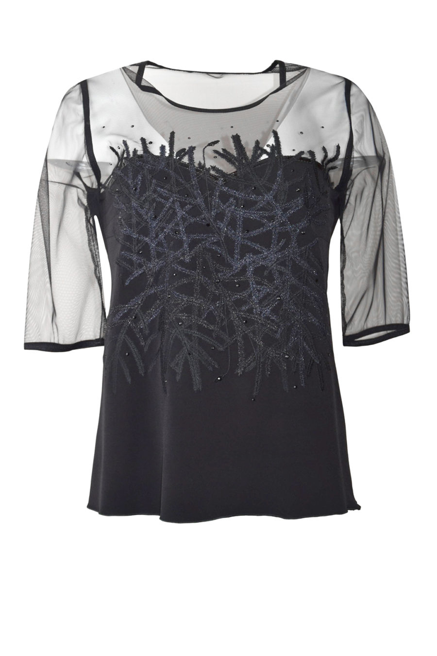 Couture-Shirt mit "moss-embroidery" und Kristallen, Kurzarm