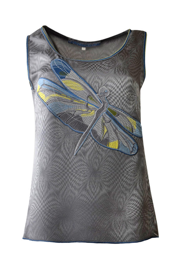 Top mit "dragonfly-embroidery", Reine Seide, grey