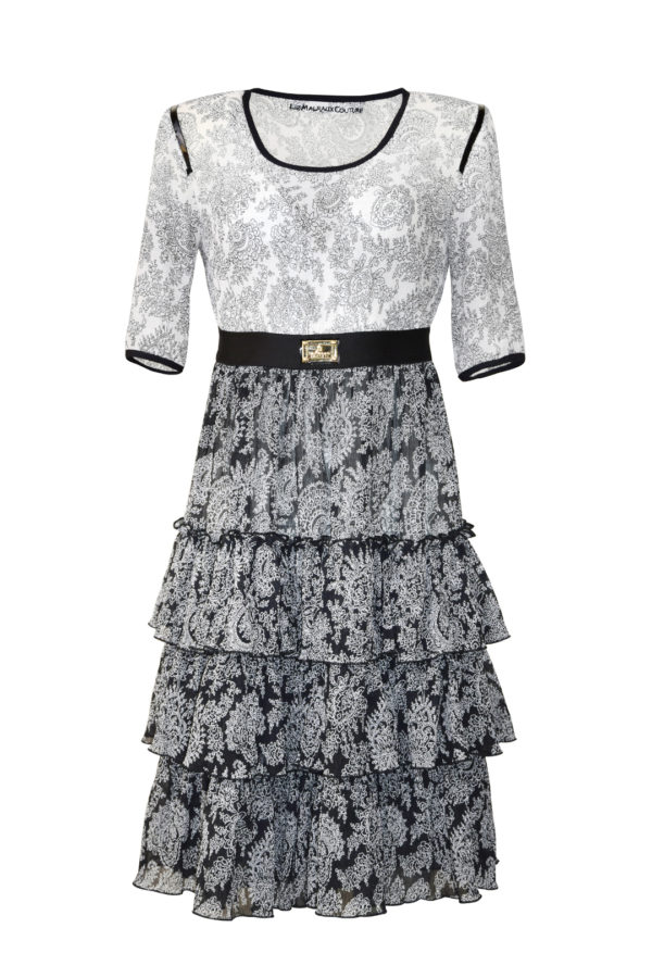 Empire-Kleid mit Rüschen und Lackkontrasten, weiß-schwarz, Kurzarm