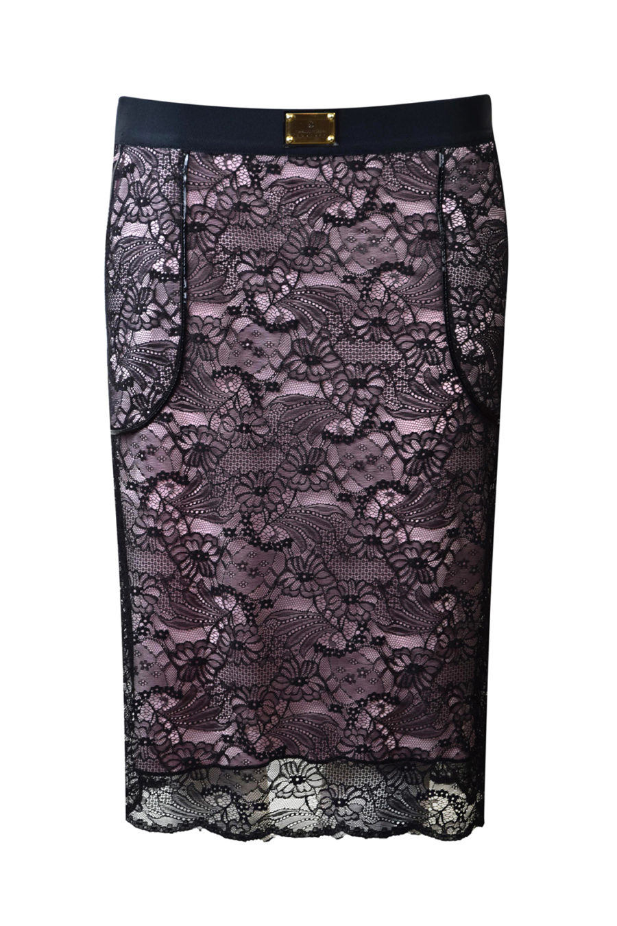 Rock aus elastischer Spitze mit zwei in Lack eingefassten Seitentaschen