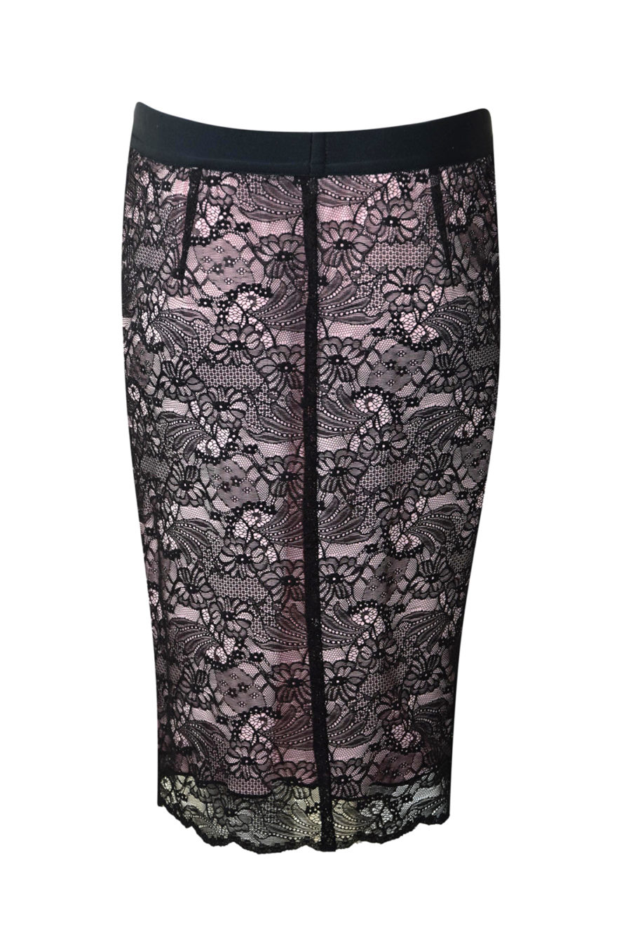 Rock aus elastischer Spitze mit zwei in Lack eingefassten Seitentaschen