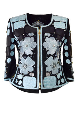 Haute Couture-Jacke mit aqua-farbenen Krokopatches, und "lace-embroidery", mit 100 Kristallen und Perlen,ca. 280 Hotfix-Kristallen