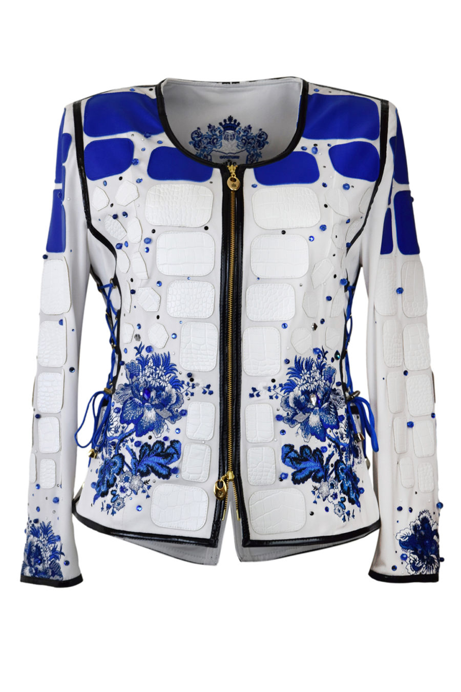 Haute Couture-Jacke mit "Paisley-embroidery", mit 76 Kristallen, Perlen und ca. 214 Hotfix Kristallen in Royalblue und Onyx