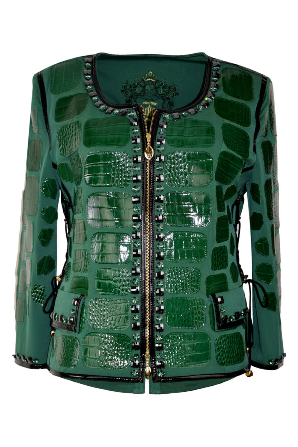 Haute Couture-Jacke mit weißen Krokopatches, mit "two lions-heraldic-embroidery", 60 Marmorperlen und Marmorsteinen, ca. 200 Hotfix Kristallen