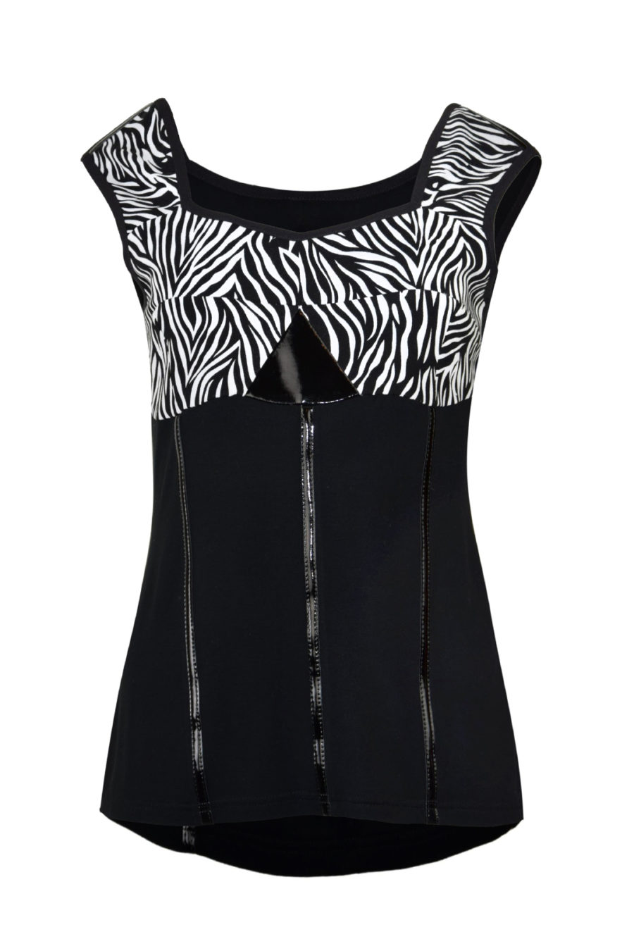 Bustier-Top aus Jersey in schwarz mit Lackkontrasten und Bustier in schwarz-weißem Zebra-Print