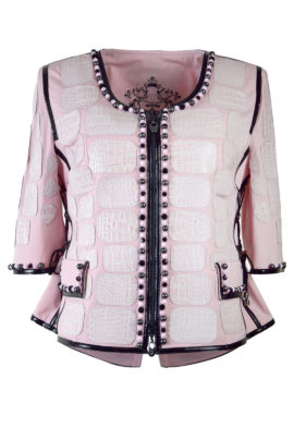 Haute Couture-Jacke mit Rosenquarz Krokopatches, mit 166 Kristallperlen in Onyx und Rosenquarz und Titan von Swarovski entlang der Kanten umnäht