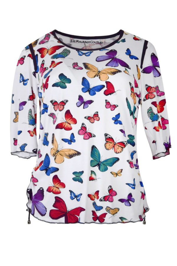 Shirt aus Viskose in Butterfly-Print mit Kontrasten in schwarz, Kurzarm