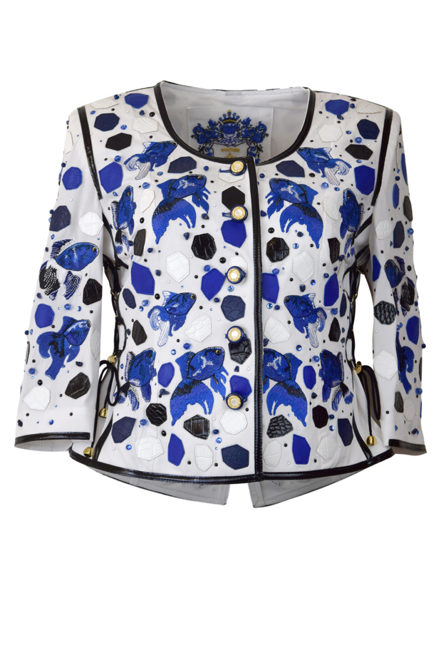 Haute Couture-Jacke mit "Ocean-embroidery", appliziert mit 112 Kristallen & Perlen und ca.394 Hotfix Kristallen in Royalblue und Onyx