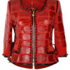 Haute Couture-Jacke mit rubinroten Krokopatches appliziert und 134 Swarovski-Kristallen in Onyx und Rubin entlang der Kanten umsäumt