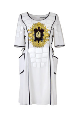 Amirage Kleid, Krokopatches und "amirage-embroidery" auf Lack, in ecru-schwarz, Kurzarm