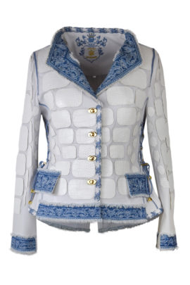 Couture-Jacke, weiße Krokopatches und "Paisley-embroidery" auf Denim gestickt, hartvergoldete Drehverschlüsse, Multisize
