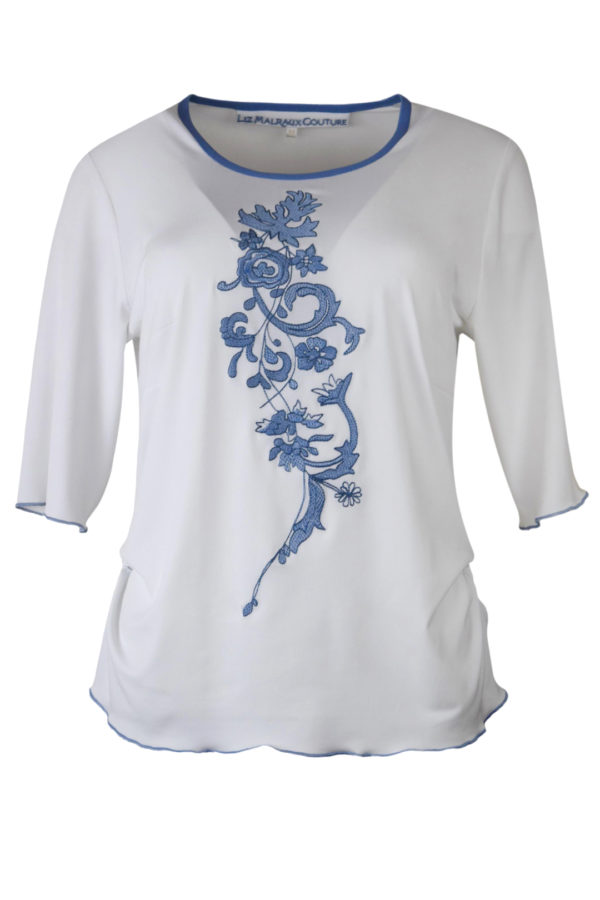 Shirt mit "antic-embroidery" und Denim-Kontrasten, Kurzarm