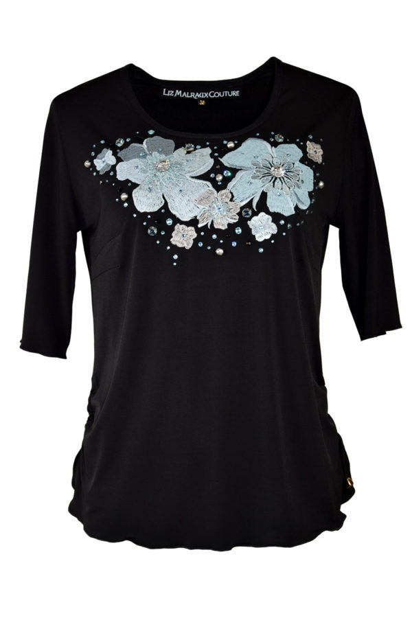 Shirt mit "lace-embroidery" und ca.114 Kristallen von Swarovski, Jersey, Kurzarm