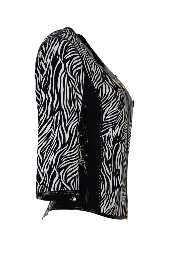 Jacke aus Zebraprint Jersey mit Lackkontrasten, 8 Zierknöpfen, mit Zipp vorne geschlossen, Kurzarm