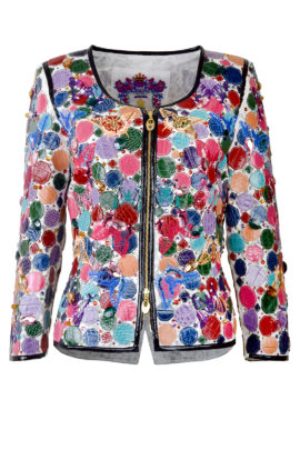 Haute-Couture-Jacke "Rainbow", auf elastischer Spitze applizierte Krokopatches in multicolor, 104 handaufgenähte Kristalle und 555 Hotfixsteine.