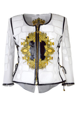 Amirage-Jacke mit Krokopatches und "amirage-embroidery", (2 Motive) auf Lack gestickt, in ecru-schwarz