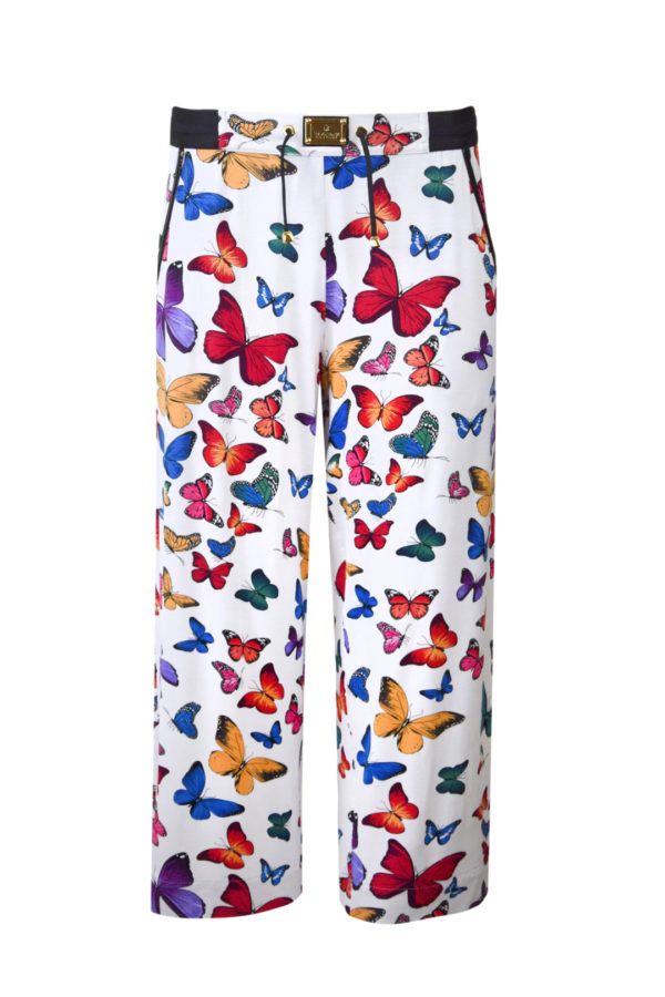 Weite Hose mit Butterfly-Print aus Jersey mit schwarzen Lackkontrasten und seitlichen Eingriffstaschen