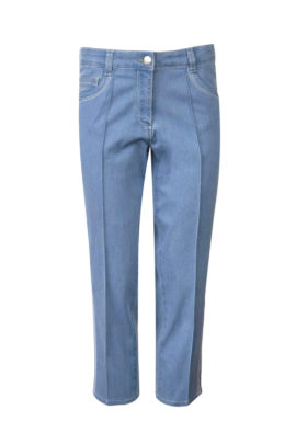Jeans mit gestickter, elastischer Bordüre und weitem Hosenbein in 7/8 Länge, Farbe: Indigoblau