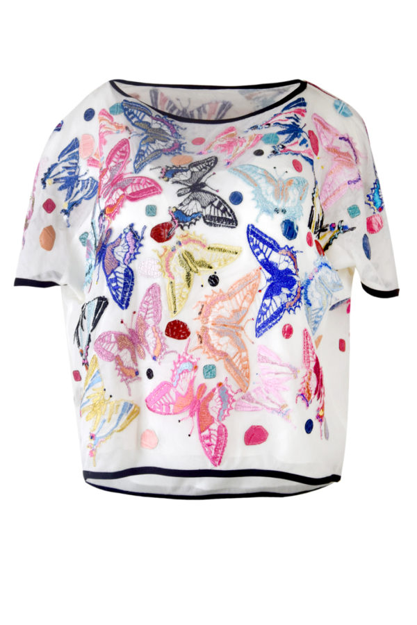 Couture-Bluse mit gestickten und handapplizierten Schmetterlingen, elastischer Tüll, Ärmellos