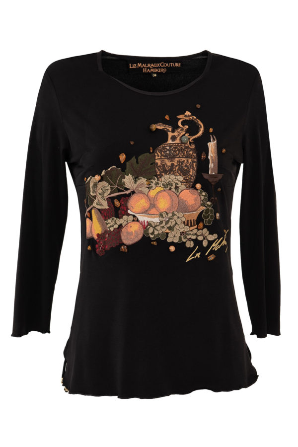 Shirt mit "still-life-embroidery", und 25 handapplizierten Naturedelsteinen Langarm, 103.000 stiches