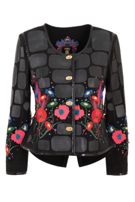 Haute Couture- Jacke mit "Country-embroidery" - 5 Motive, Lederpatches und 280 handapplizierten Kristallen von Swarovski, Multisize, St.290000