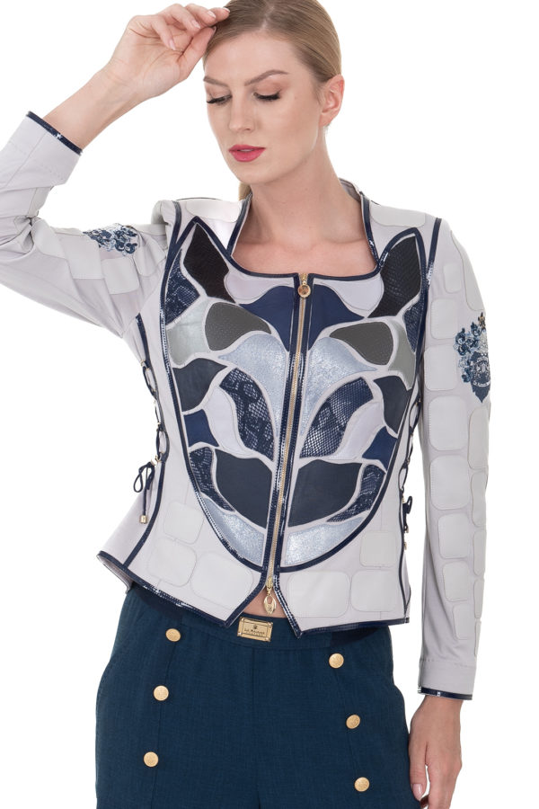 Couture- Jacke mit akzentuierter Taille in Multicolor, Lederpatches, 4 Motiven in "LMC-Heraldic-embroidery" Langarm