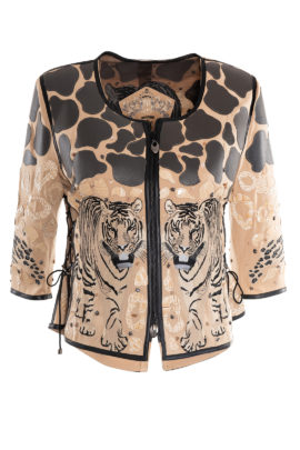 Haute Couture-Jacke, Safari mit "tiger-embroidery" 5-Motive, handappliziert mit 120 Natursteinen, und zweileirei Patches, 3/4 Arm