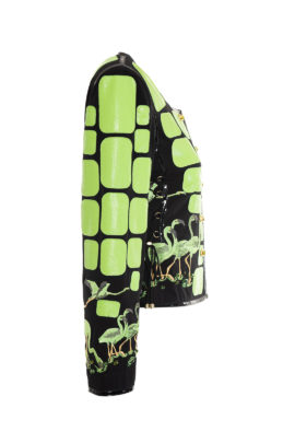 Haute Couture Jacke mit Lederpatches in Salamander-Optik, "flamingo-embroidery" 4-Motive, handapplizierten mit 44 Kristallen von Swarovski, Multisize