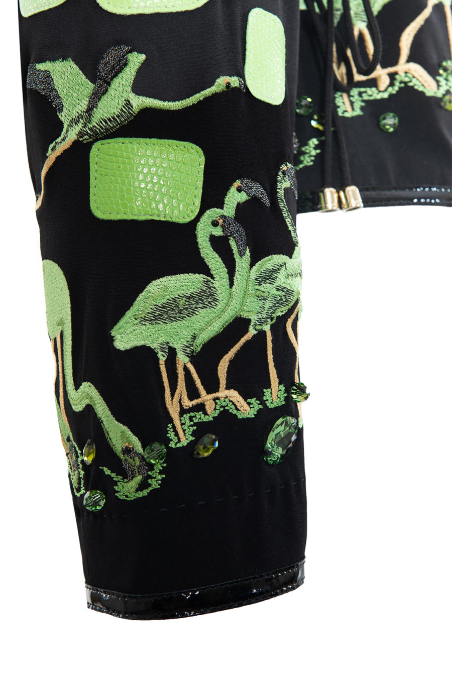 Haute Couture Jacke mit Lederpatches in Salamander-Optik, "flamingo-embroidery" 4-Motive, handapplizierten mit 44 Kristallen von Swarovski, Multisize