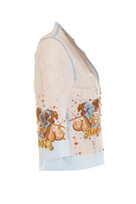 Haute Couture-Jacke mit "still-life-embroidery" 4-Motive, 346 handaplizierten Naturedelsteinen und Kristallen, Nappaleder-Patches und Kontrasten in Lederpatches in Kroko-Optik