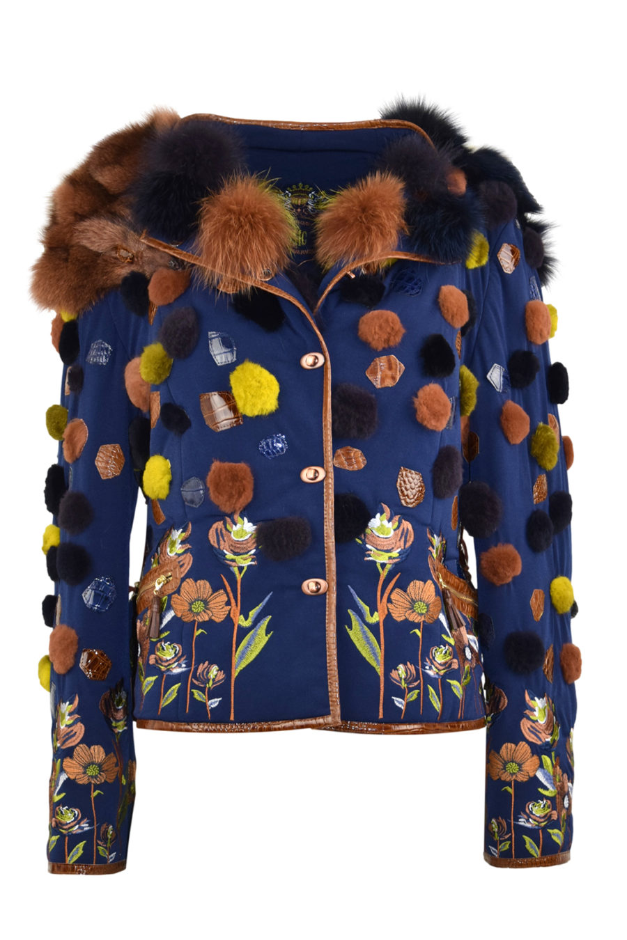 Pelzjacke mit "autumn meadow " embroidery Applikationen aus geschorenem Fuchs und Leder in Kroko-Optik, RV-Taschen, wattiert