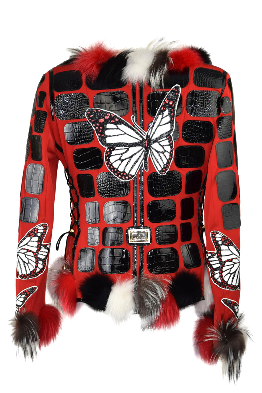 Couture-Jacke mit Fuchs- und Krokopatches-Applikationen, "Maxi Butterfly-embroidery" auf Krokoleder gestickt, Multisize