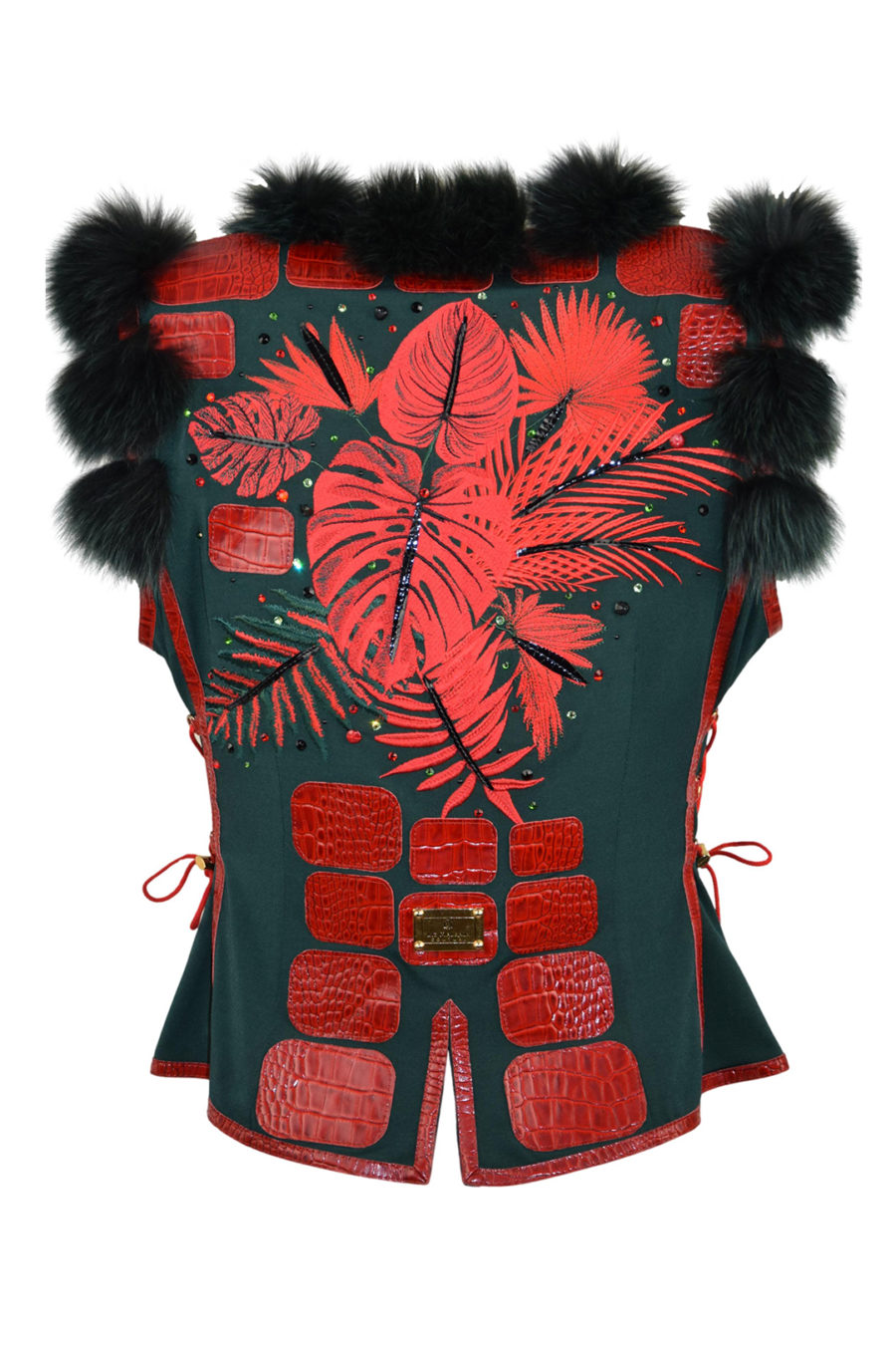 Fuchsweste mit "amazonas -embroidery", mit 162 handapplizierten Kristallen und Natursteinen, Lederpatches in Kroko-Optik, eingearbeiteter Sicherheitstasche,Multisize