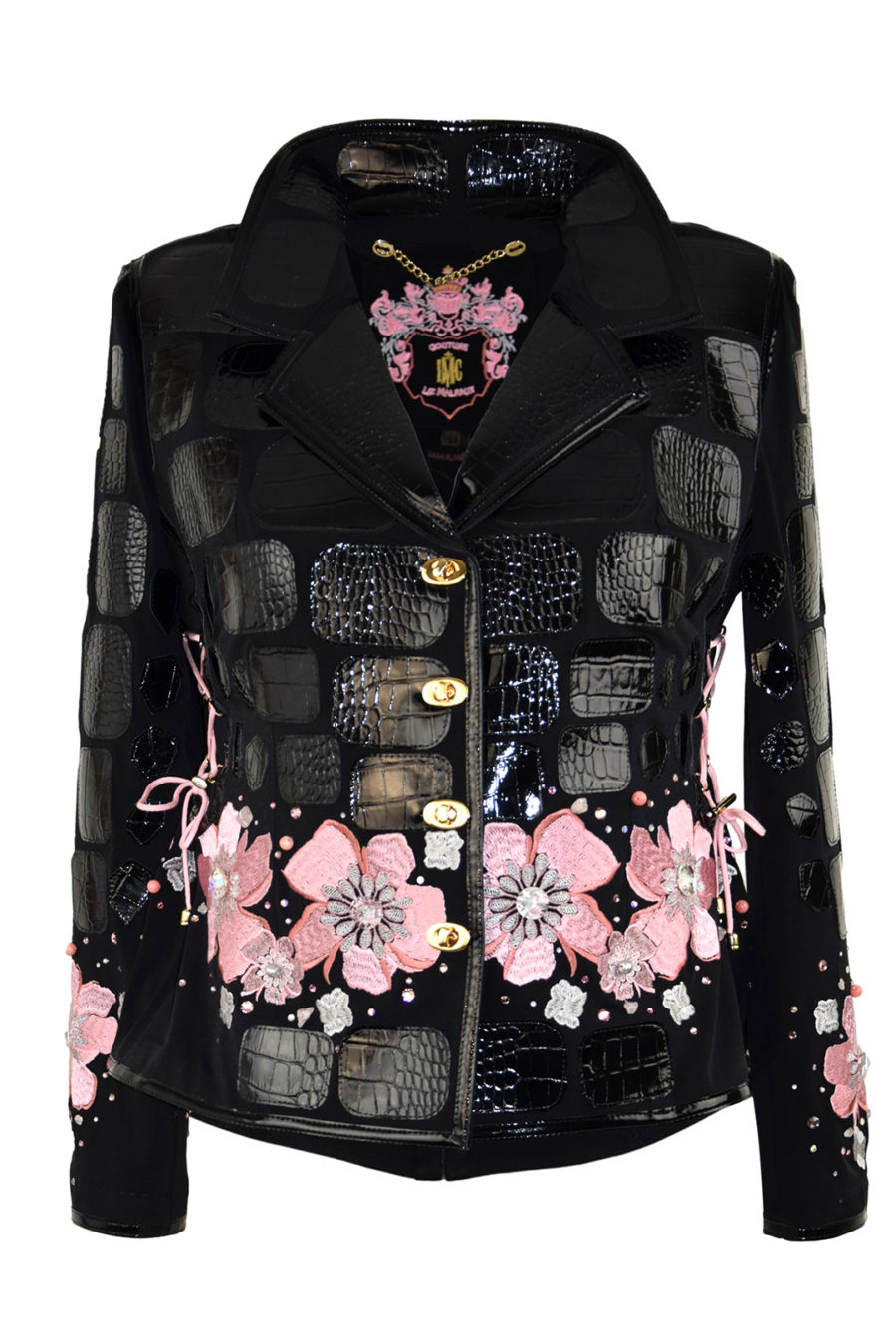 Couture- Jacke mit "lace-embroidery"- 6 Motive, 250 handapplizierten Kristallen und Natursteinen, Lederpatches in Kroko-Optik