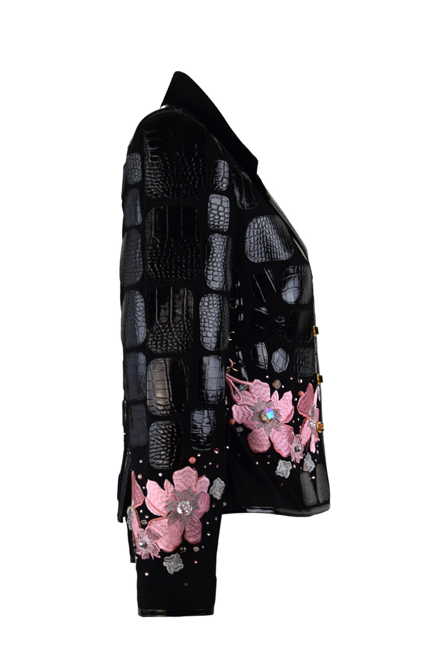 Couture- Jacke mit "lace-embroidery"- 6 Motive, 250 handapplizierten Kristallen und Natursteinen, Lederpatches in Kroko-Optik