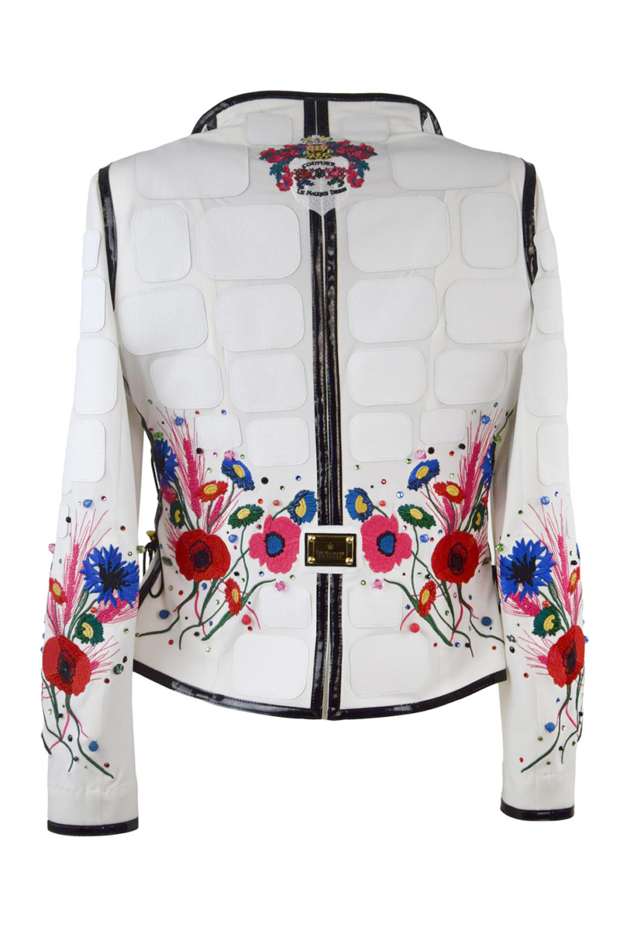 Haute Couture- Jacke mit "Country-embroidery"-6 Motive, schwarzen Leder Revers, Lederpatches und 270 handapplizierten Kristallen von Swarovski, Multisize