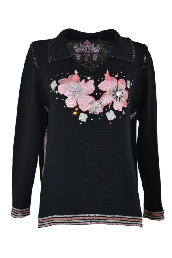 Pullover mit "lace-embroidery", mit 50 handapplizierten Kristallen von Swarovski, 100% Baumwolle, Langarm